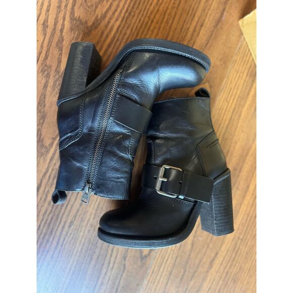 Allsaints Black Moto Shearling Fur Lined Boots Block Heels Chunky size 36 (US6) - Picture 5 of 11